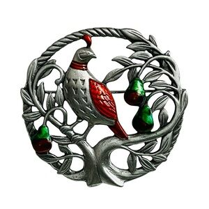Vintage Signed JJ Pewter Partridge In A Pear Tree Brooch